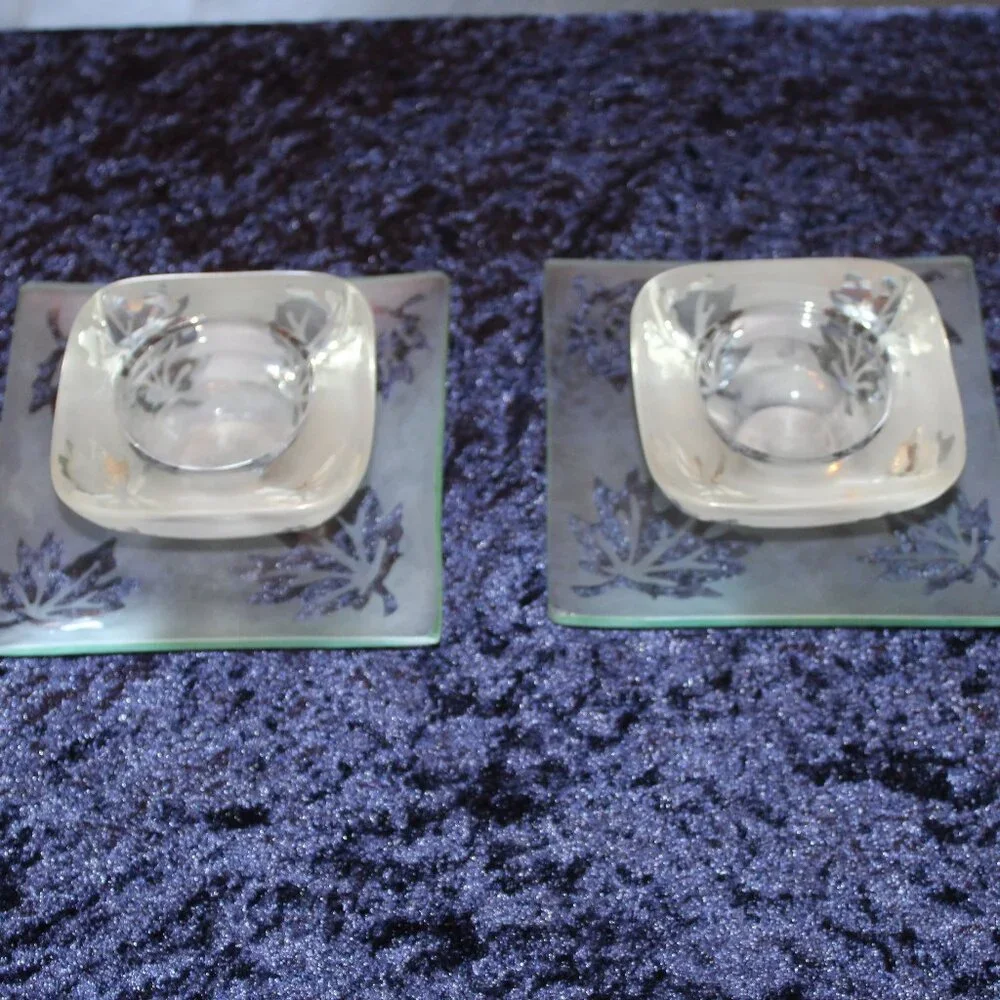 Frosted Glass Candle Holders, Leaf Pattern, Square Plates, and Votive Holders